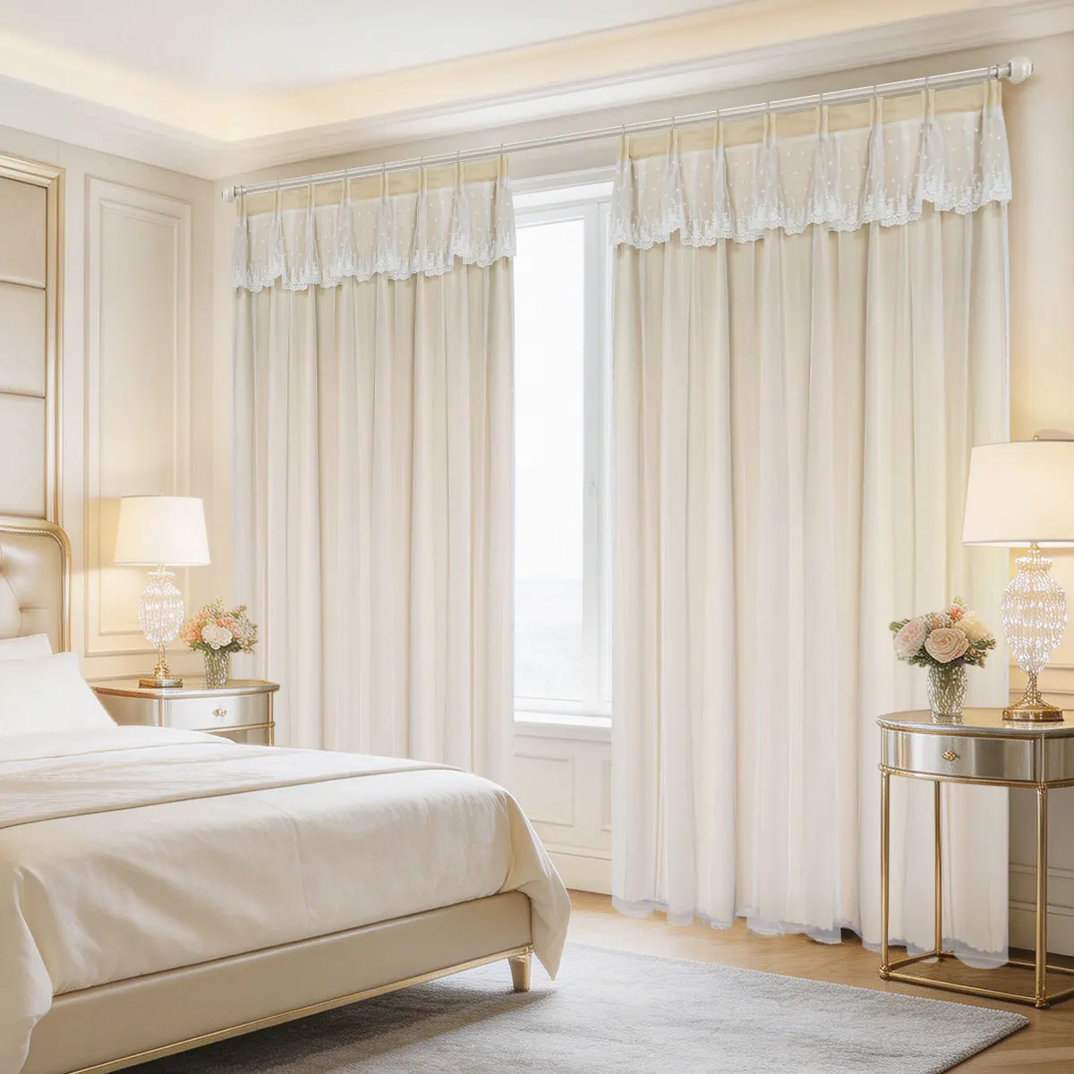 Beige Double Layer Curtains 2 Panels, 4-Prong Hook Star Lace Valance Medium Light Blocking Window Drapes