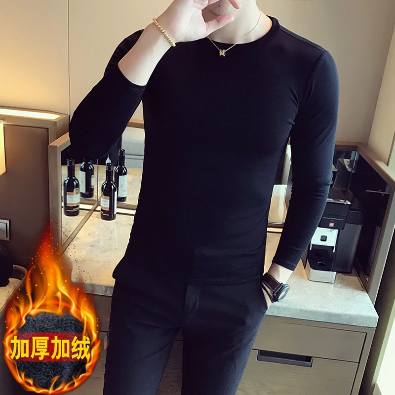 

Men's T-Shirts Autumn Winter Korean Thick Warm Long Sleeve T Shirt For Man Plain Color O-Neck Slim Fit Casual Tops Tees Homme