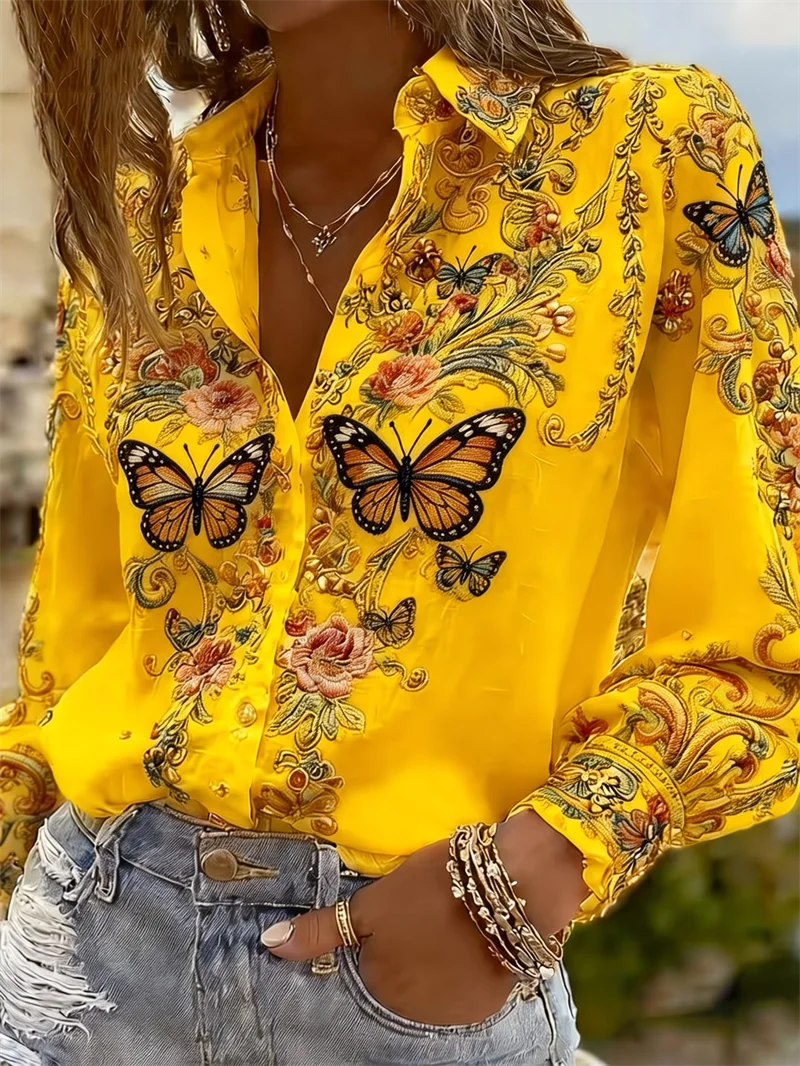 New Men's Long Sleeved Shirt with 3D Printed Butterfly Pattern on the Collar, Luxurious Men's Top, Soft and Comfortable