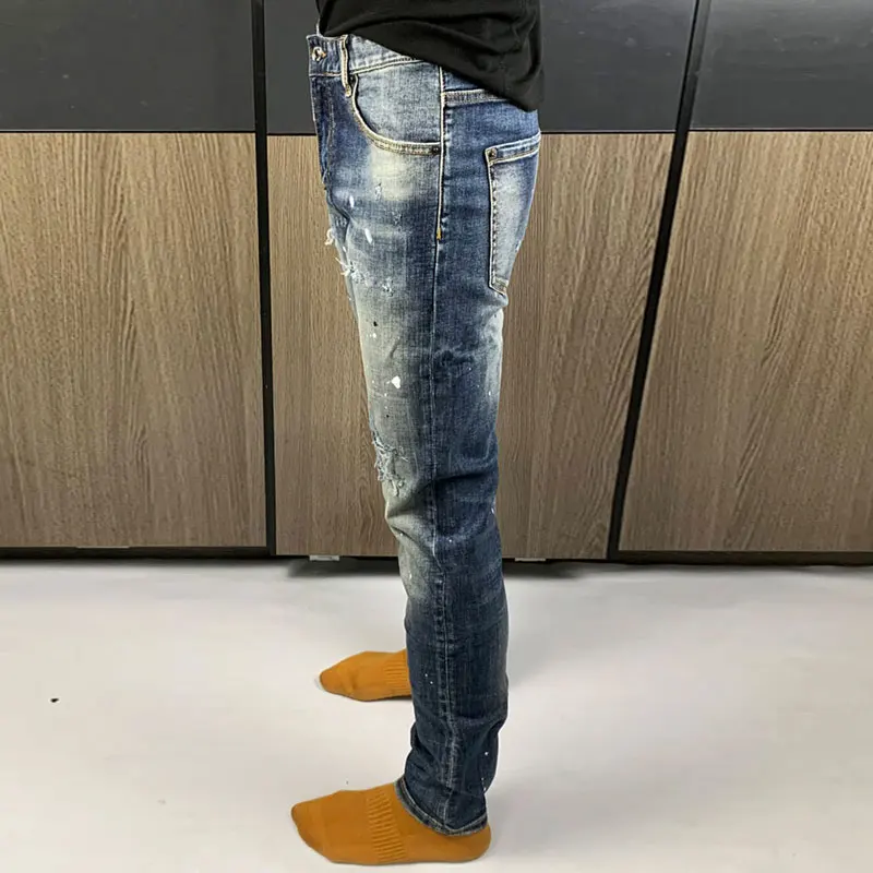 Men Blue Gradient Faded Wash Ink‑Splatter Patch Ripped Stretch Skinny Denim Jeans Hip‑Hop Streetwear Denim Jeanshombre