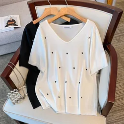 Large Size Women's Summer Clothing Ice Silk V-neck Knitted Tops Chubby Female Show Slim 100/150kg Short Sleeved T-shirt 6XL 7XL