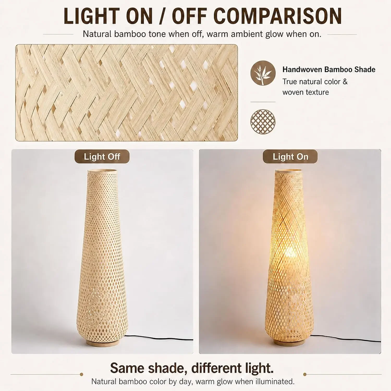 Boho Style Bamboo Woven Floor Lamp for Living Room,36 in,Cozy Decor | Handcrafted Wicker Shade,Unique Shadow Pattern,No Assembly
