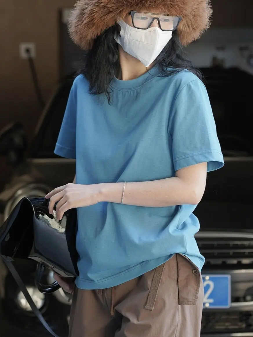 

Women's Summer Korean Style Loose Fit T-Shirt H-Neck Short Sleeve Soft Comfortable Casual Base Layer Top