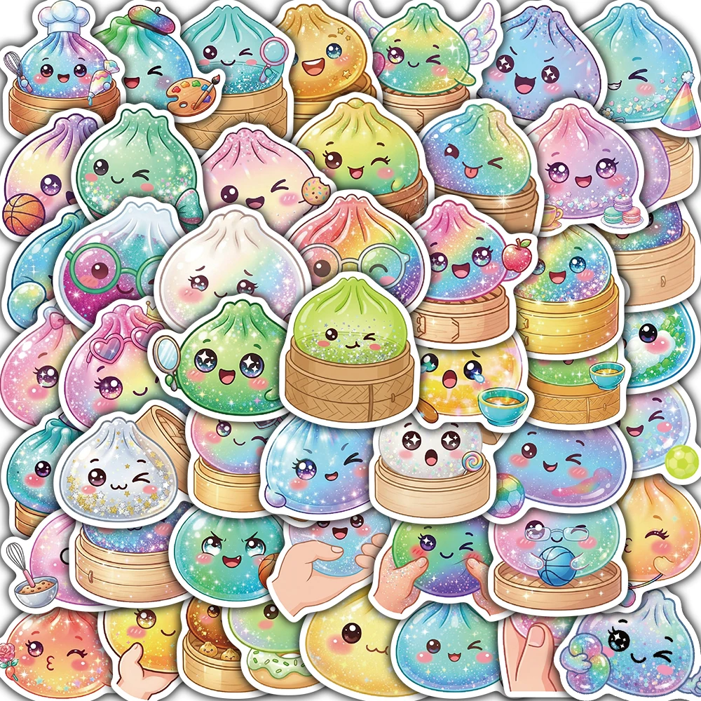 50PCS Holographic Cute Colorful Dumpling Sticker Scrapbooking Supplies Aesthetic Laptop Phone Retro Decoration Vintage Stickers