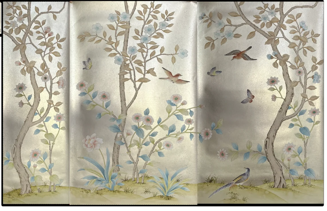 

Luxury Hand-Painted Gold/Silver Foil W/Birds &Flowers Wallpapers Bedroom/Living/Study/Dinning Room/Sofa/TV Chinoiserie Wallpaper