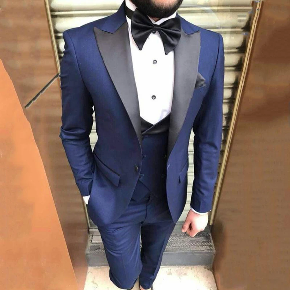 Azul masculino ternos para o casamento preto peaked lapela noivo smoking ajuste fino homem blazer 3 peças jaqueta calças colete traje homme