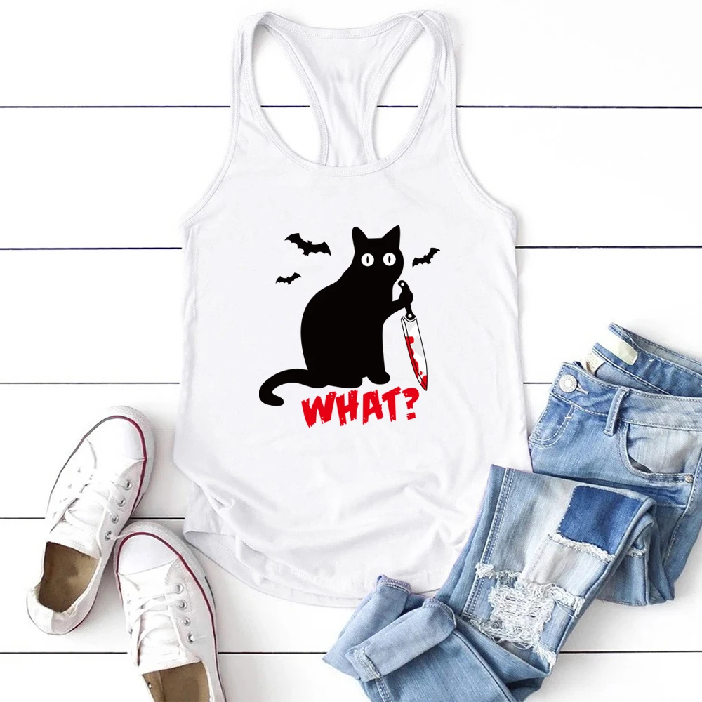 Women Sleeveless Summer Graphic Vest Cotton Crew Neck Tank Tops Loose Female Gothic Cat Knife Bats What Printed  Top