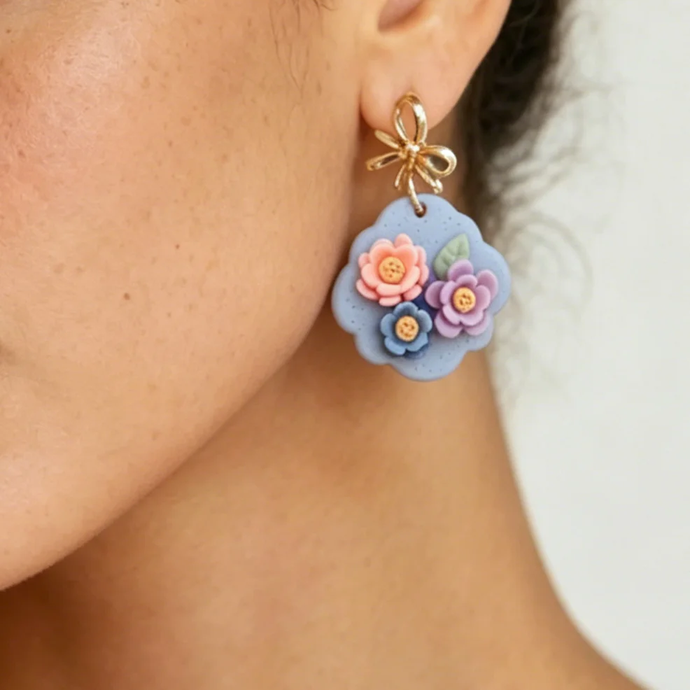 Handmade Polymer Clay Floral Drop Earrings Lightweight Boho Jewelry Gift for Women Ginkgo Stud Plaque & Blossom Cloud Dangles