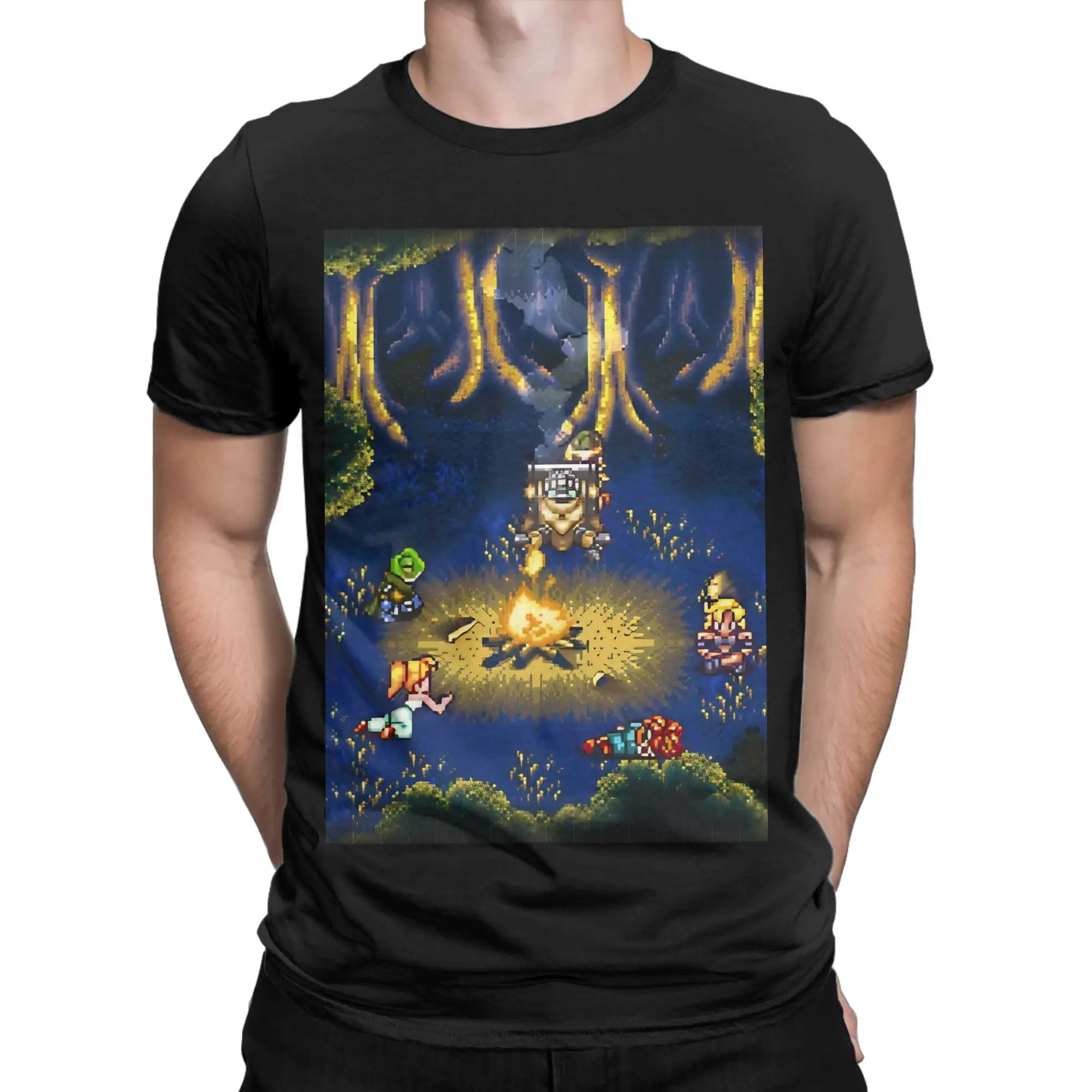 Camiseta divertida de algodón 100% con escena de campamento de Chrono Trigger Snes, camisetas de Chrono Trigger para hombres