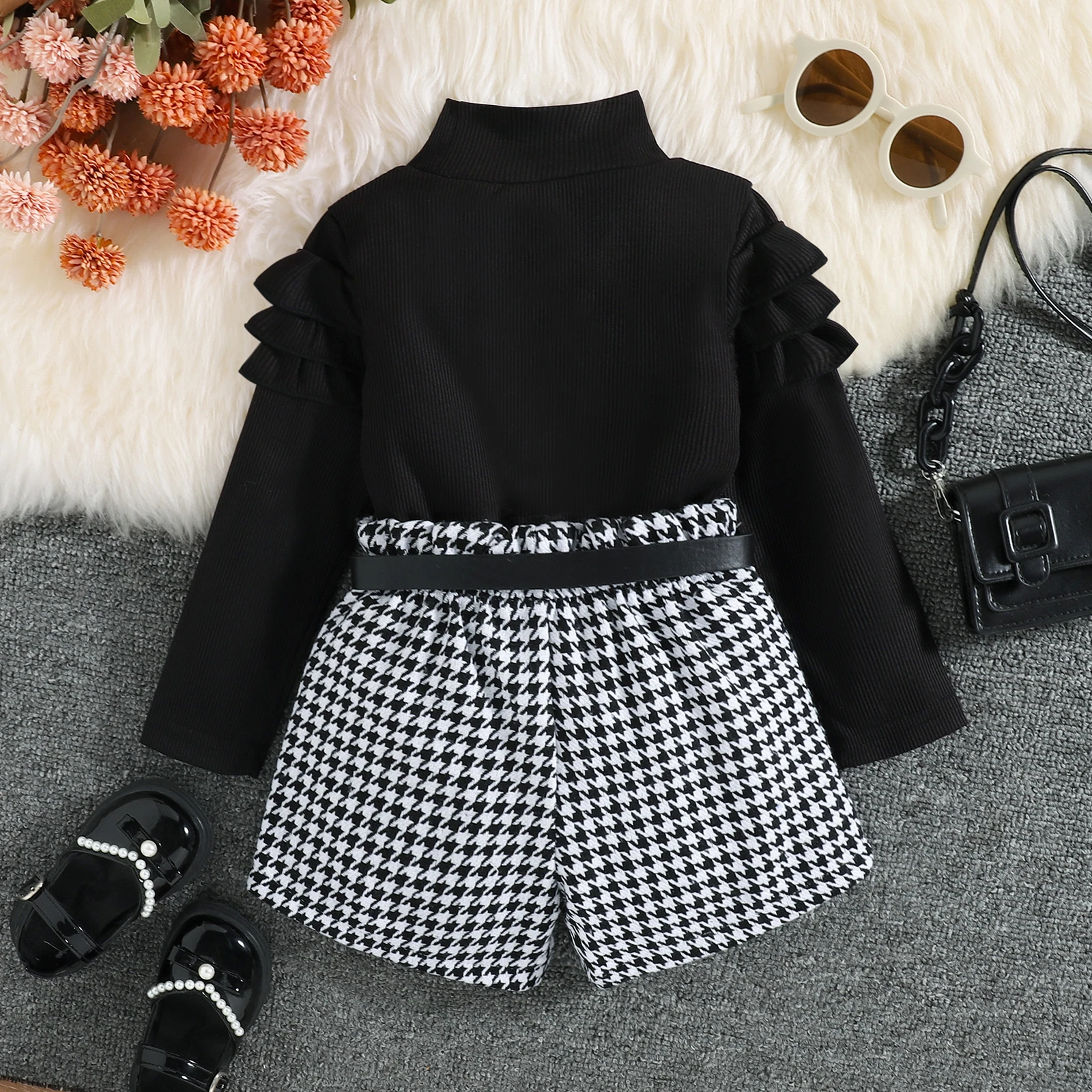 3PCS Autumn New Style 1-5 Year Old Girl Baby Fashionable Casual High-Neck Solid Color Top + Houndstooth Shorts Set