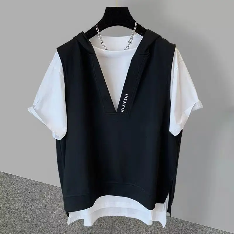 Fake two-piece hooded embroidered short-sleeved T-shirt for men in summer, ins trend, versatile student loose clothes y2k tops