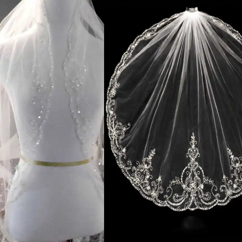 エレガントなウェディングベール-スパンコール-アップリケ-1-層ロングブラッシャー丈ブライダルベール-コーム付き-ベロデカベサ-高品質