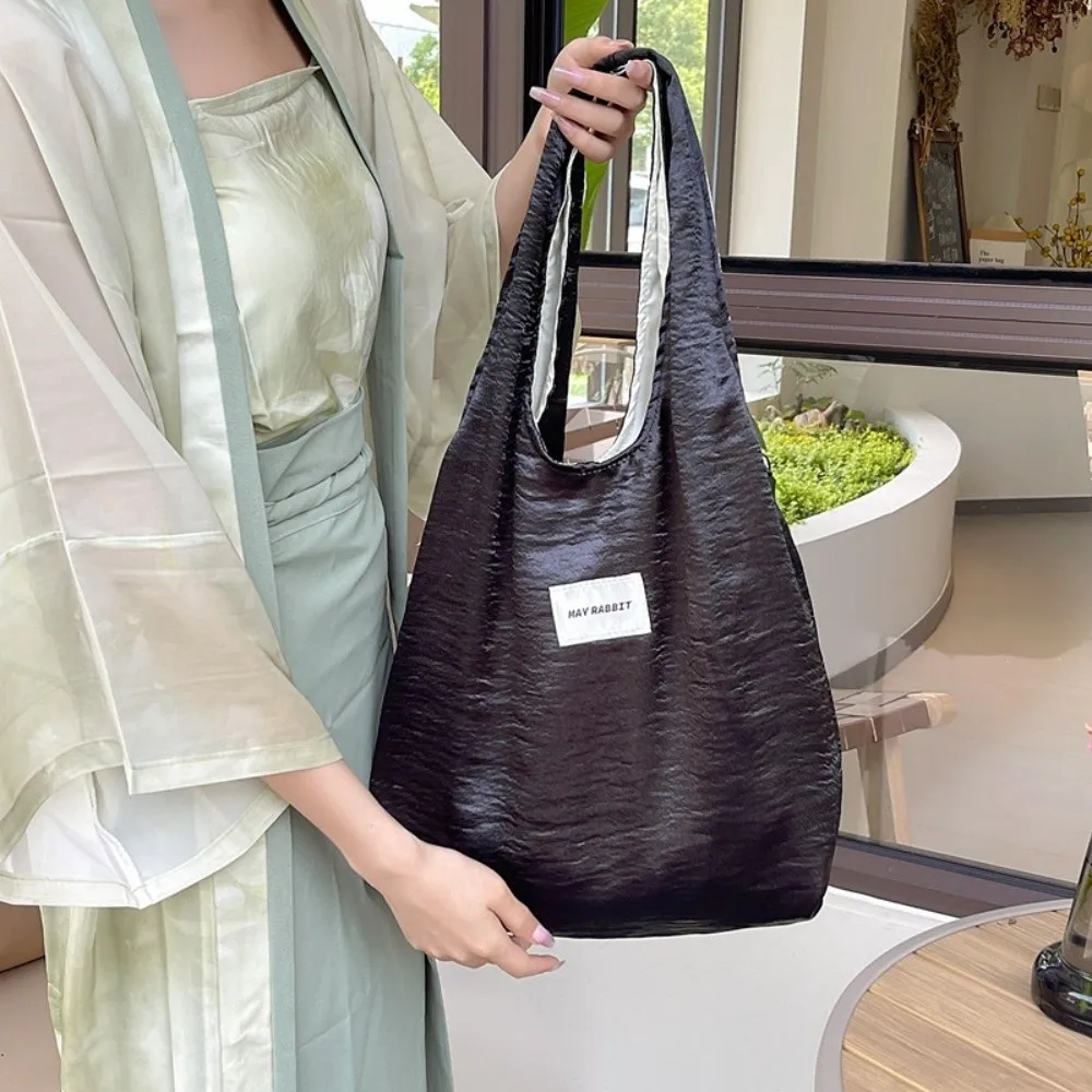Large Capacity Satin Silk Tote Bag Elegant Foldable Simple Shoulder Bag Lightweight Solid Color Underarm Shopping Bag Gift