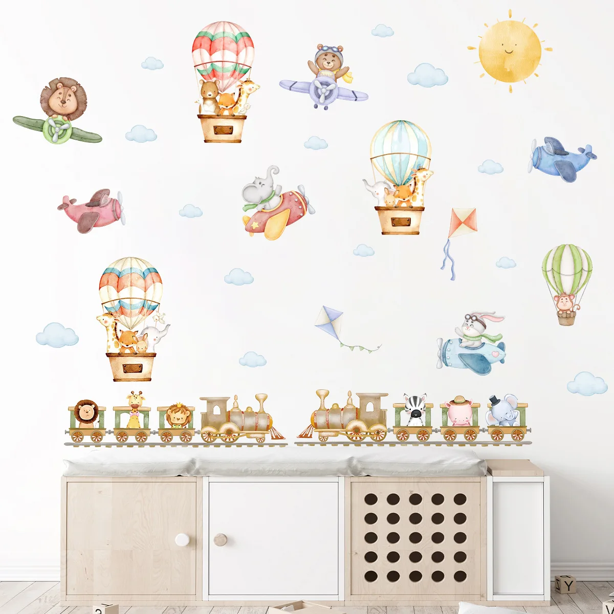 

Children's Room Wall Stickers Cartoon Animals on Train Airplane Hot Air Balloon Wall Decals Baby Nursery Kindergarten Decoration