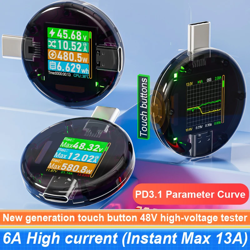 12A CC085 48V Type-C PD Charger Detection USB Tester DC Digital Voltage Current Power Bank Capacity Meter Amper Detector