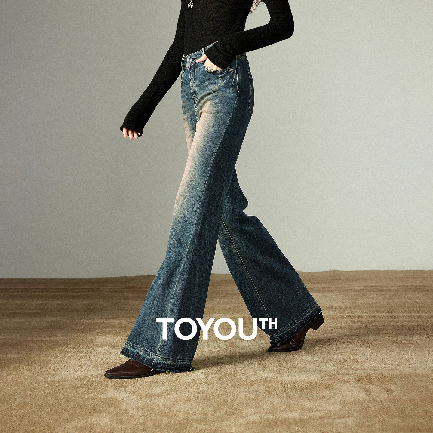 

TOYOUTH Women Flared Pants 2025 Winter New Nomadic Vintage Mud-yellow Ice Crack Fleece-lined Flared Jeans