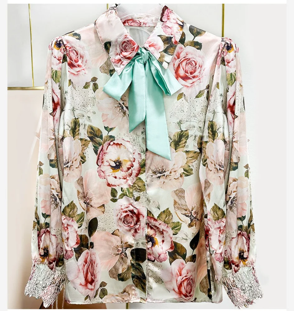 2024 Spring Fashion Women's High Quality Bowtie Floral Print Long-sleeves Shirt Tops F341