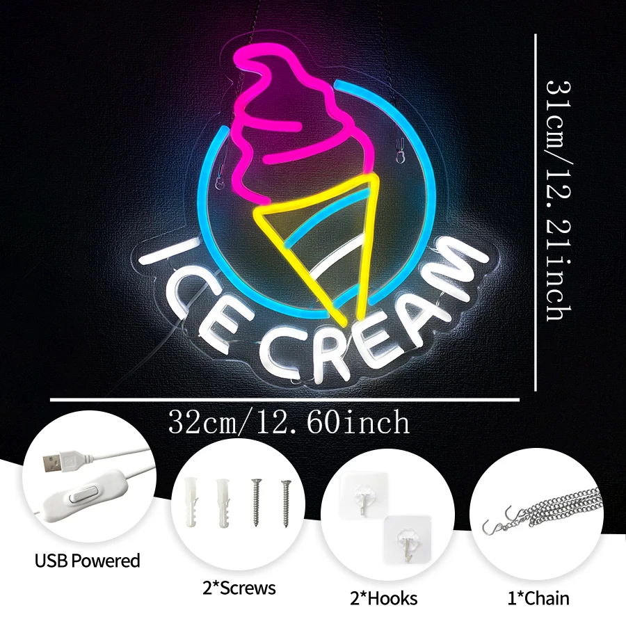 Ice Cream Neon Sign for Wall Decor Led Neon Sign for Ice cream Shop Christmas Party Bedroom Bar Drink Shop Wall Decoration USB
