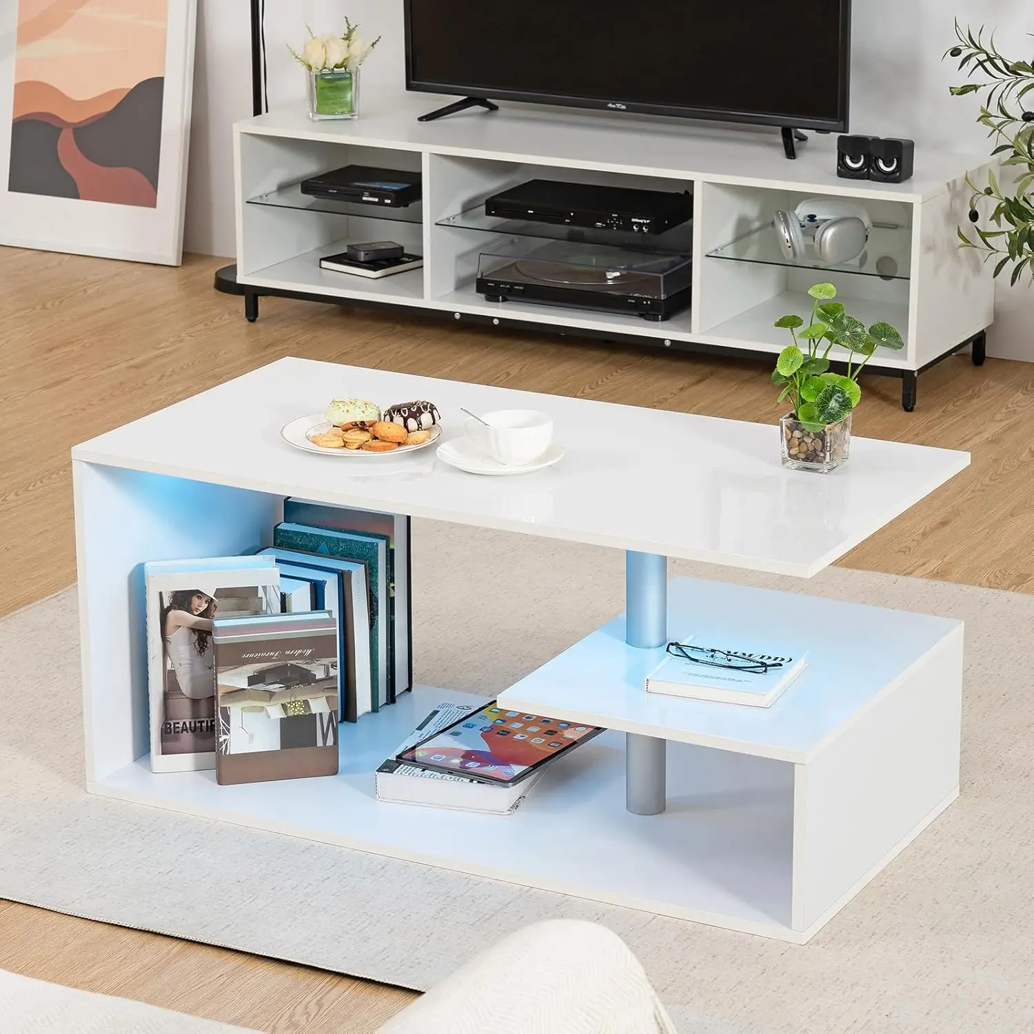 LED Coffee Tables for Living Room Modern with S-Shaped 3 Tiers Open Storage Shelf High Gloss Center Sofa Tea Table