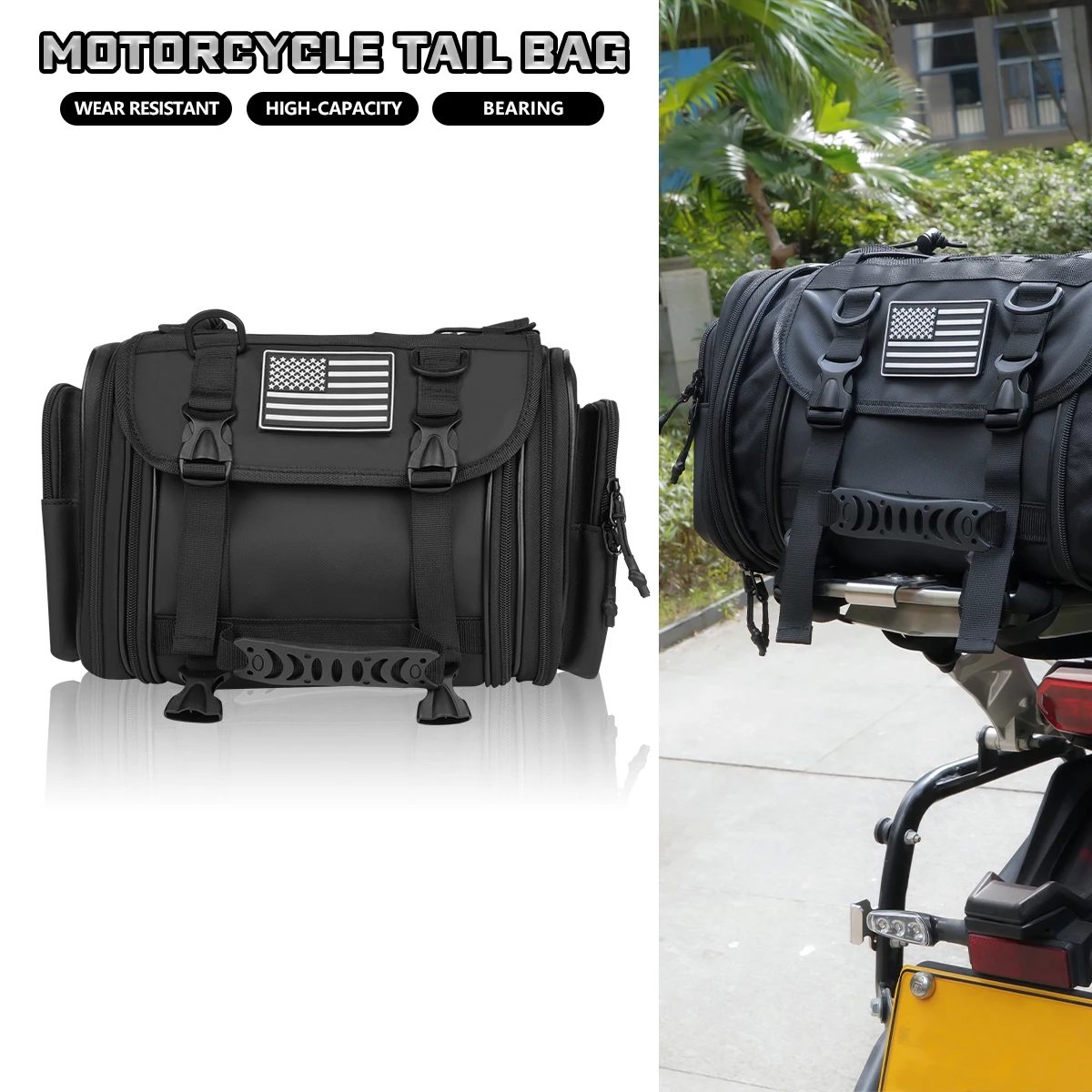 Motorcycle Tail Bag Dual Use Motorcycle Rear Seat Bag with Waterproof Rain Cover Expandable Motorbike Helmet Bag Luggage Flag