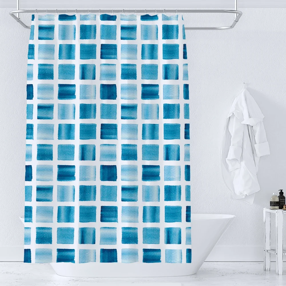 Blaue Mosaik-Muster-Duschvorhänge, wasserdichter Polyester-Badevorhang, geometrisch, für Badezimmer, Heimdekoration, Vorhang mit Haken