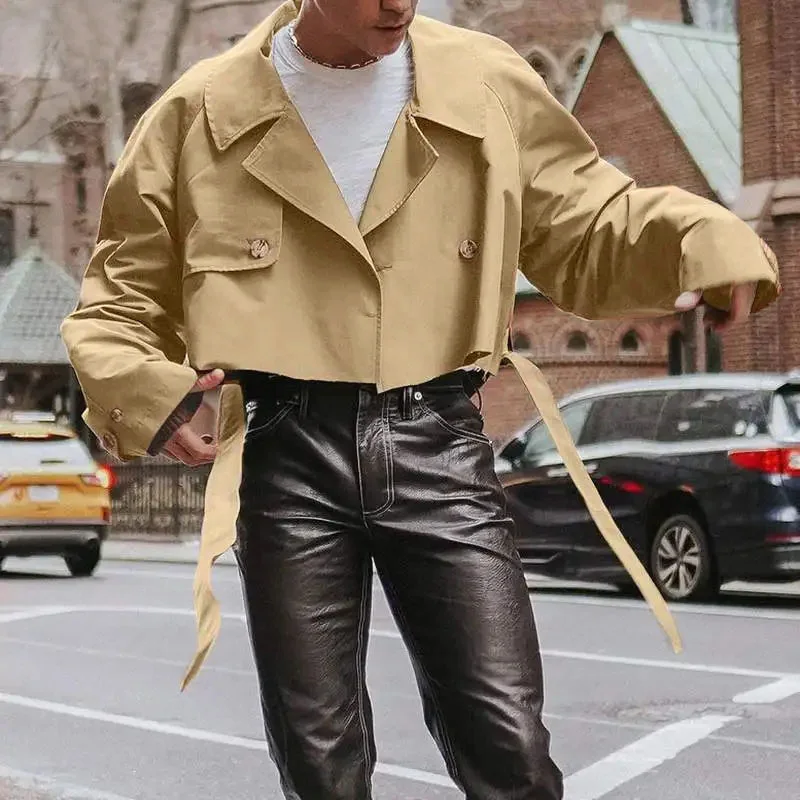 جاكيت رجالي بطية صدر أحادية اللون ، كم طويل ، فضفاض ، معاطف قصيرة للذكور ، كاجوال ، ريترو ، رائج ، ملابس الشارع مع حزام ، الموضة #2