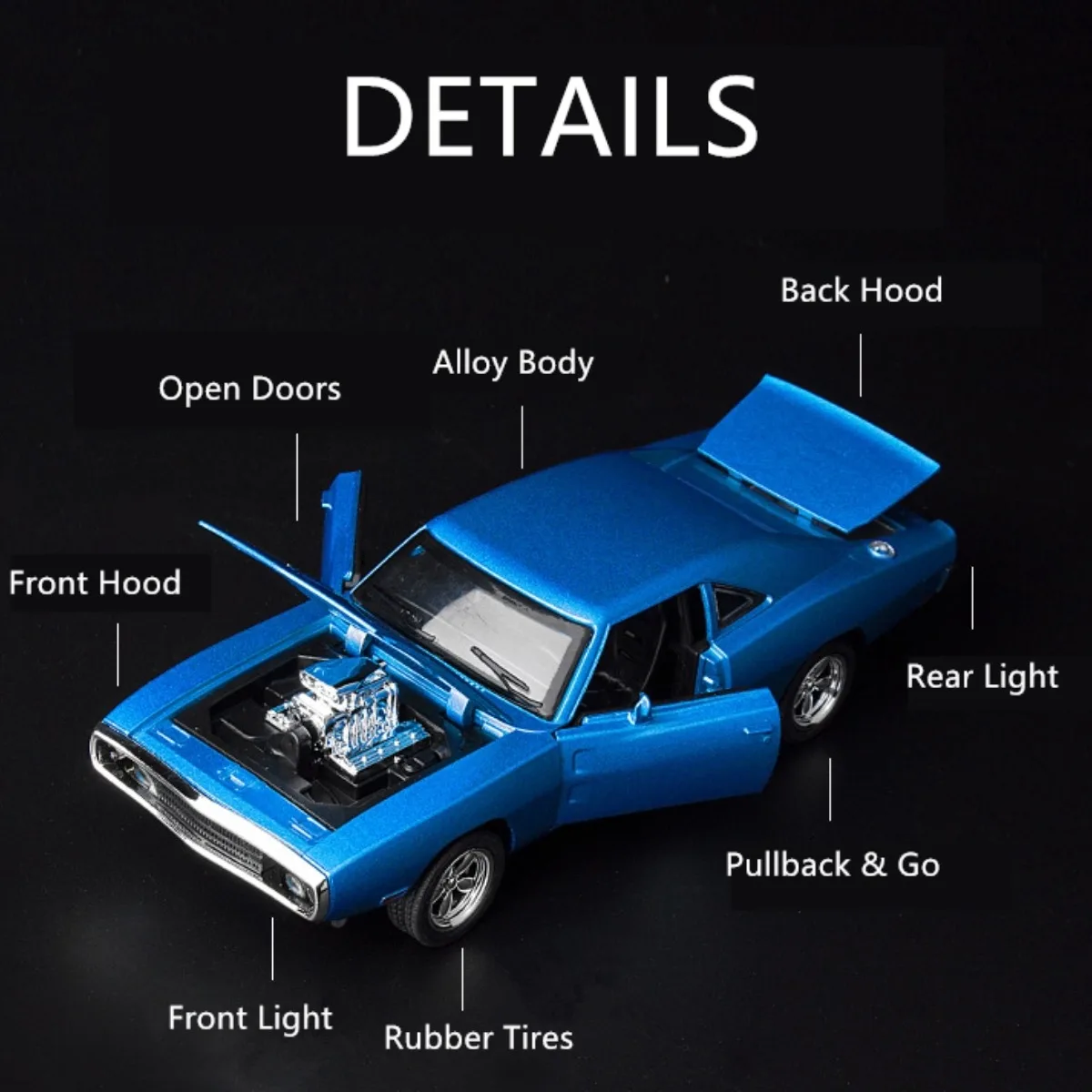 Dodge Charger 1970 Repilca, modèle de voiture musculaire en alliage moulé sous pression, échelle de recul sonore légère, jouet l'inventaire pour enfant, cadeau de Noël pour garçon, 1:32