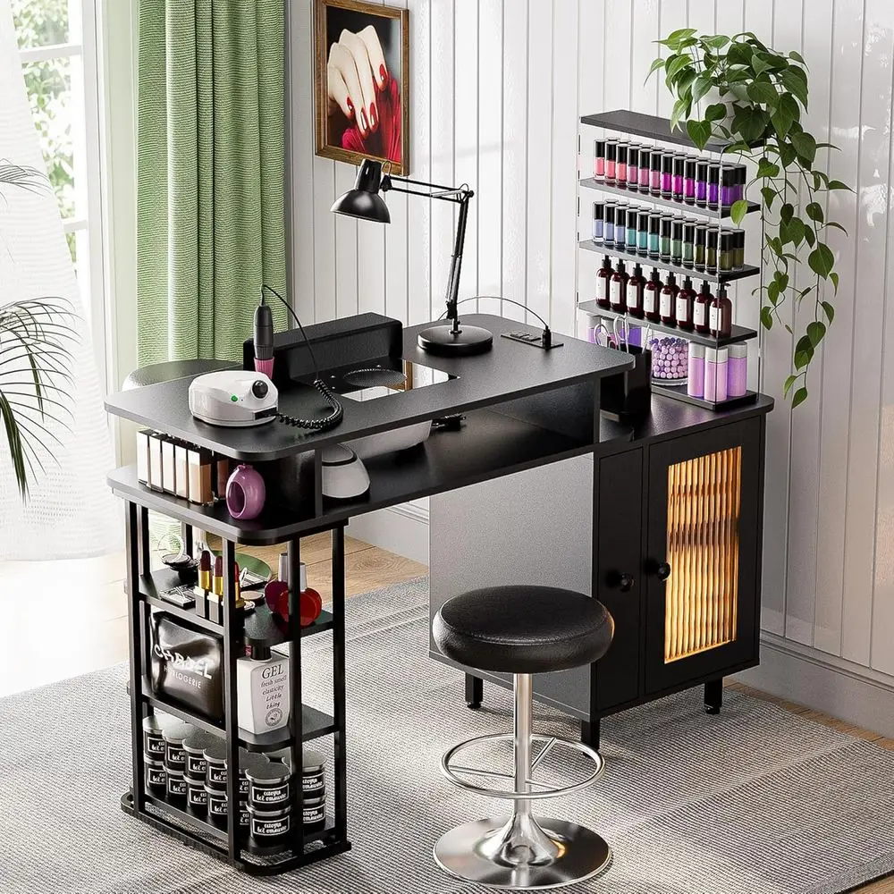 Manicure Table with LED Light, Nail Desk Nail Tech Table w/Dust Collector & Charging Station, Length Adjustable Nail Station w/R
