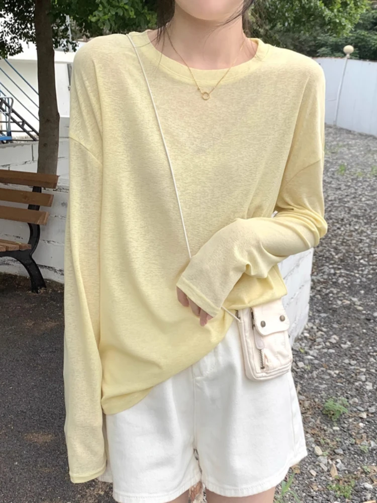 

2025 Высококачественная однотонная футболка, женские эластичные базовые футболки, женские повседневные топы, сексуальная тонкая футболка с длинным рукавом, прозрачная