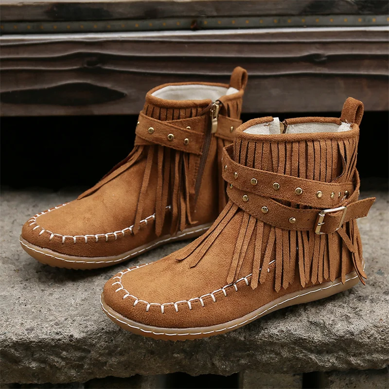 Botines Autumn Flat Heel Ankle Boots Retro Suede Tassel Women Boots Fashion Round Toe Soft Sole Short Boots Casual Women Shoes