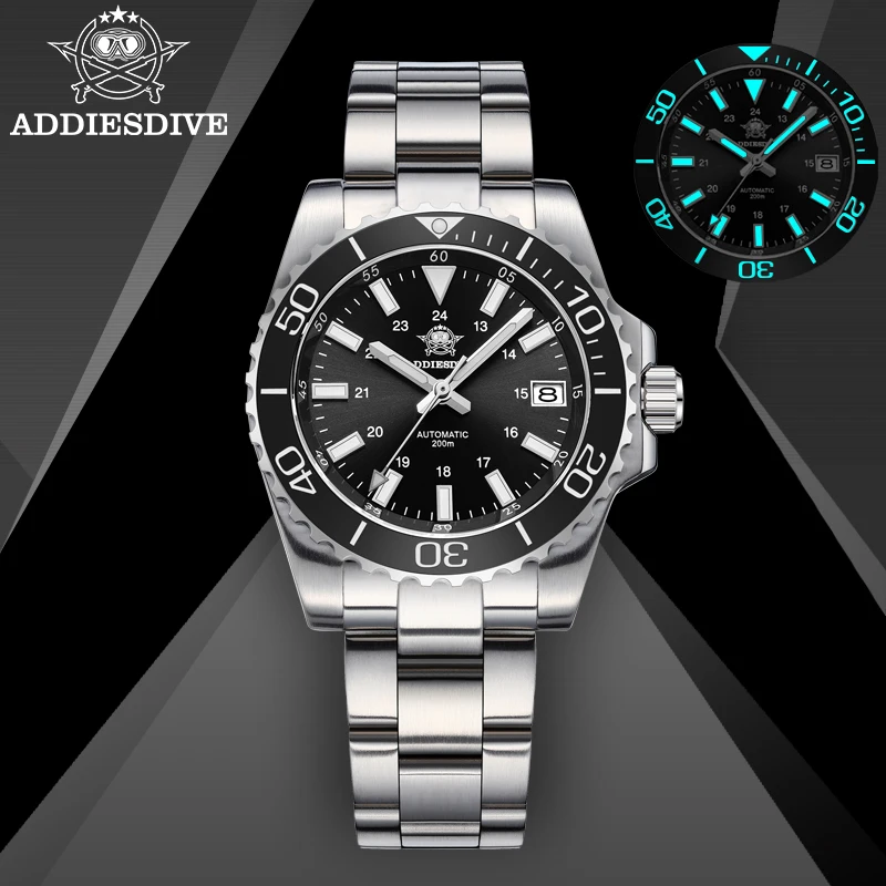 ADDIESDIVE Mens Automatic Watch NH35A Stainless Steel Waterproof Sapphire BGW9 Super Luminous Luxury Men's Mechanical Wristwatch