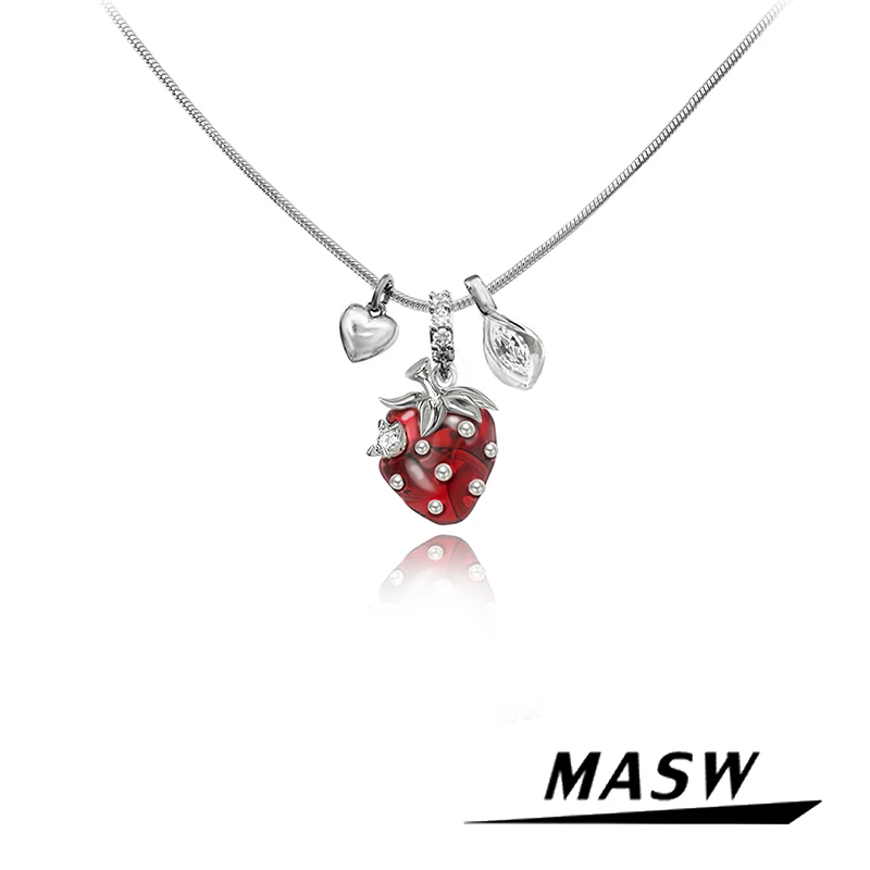 MASW Original Design Red Strawberry Necklace Lovely Jewelry Spring Summer Style High Quality Copper Chain Necklace For Women