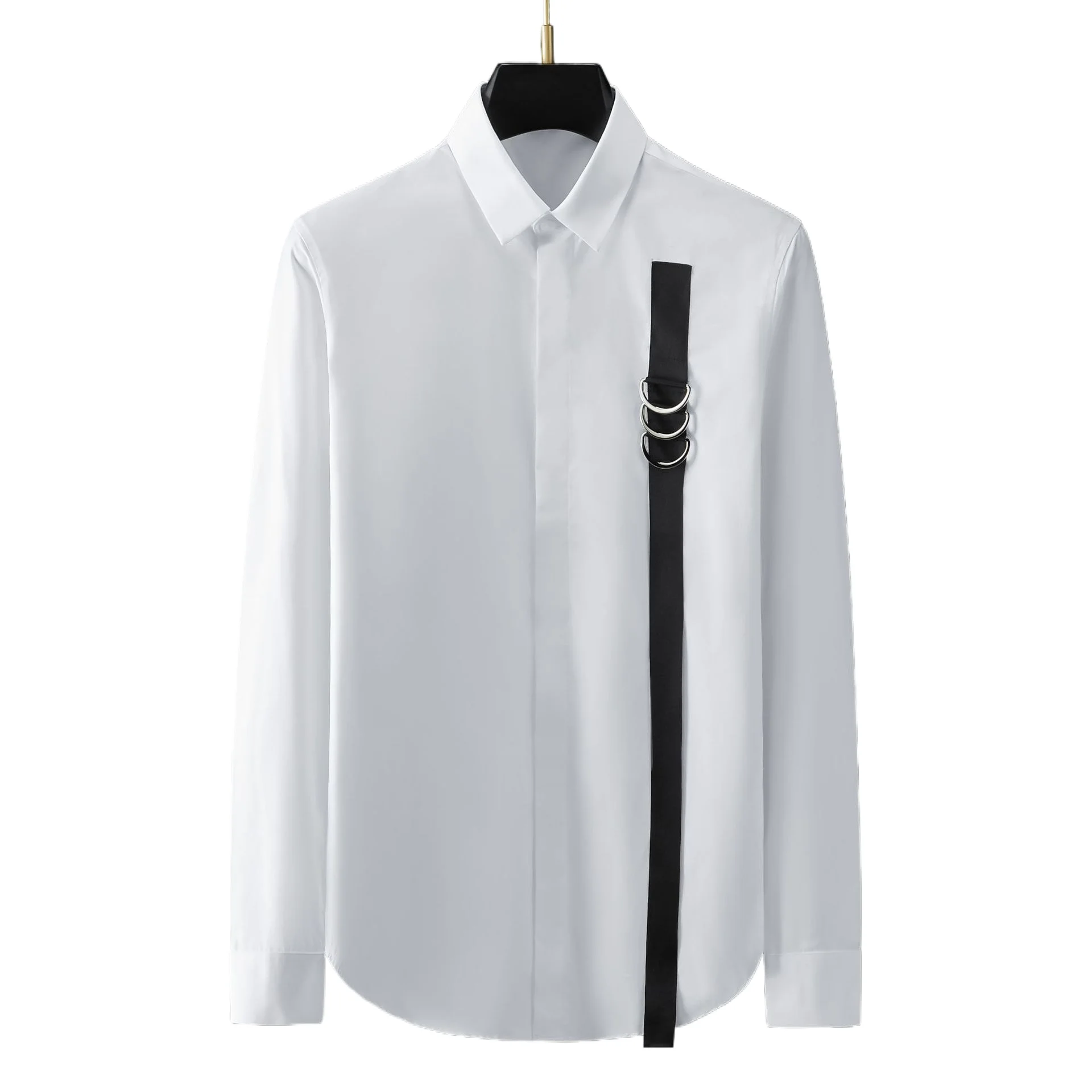 Metal Ribbon Decoration Cotton Men's Shirts Long Sleeve Casual Shirt Slim Social Party Banquet Star Stage Shirts Man Clothing