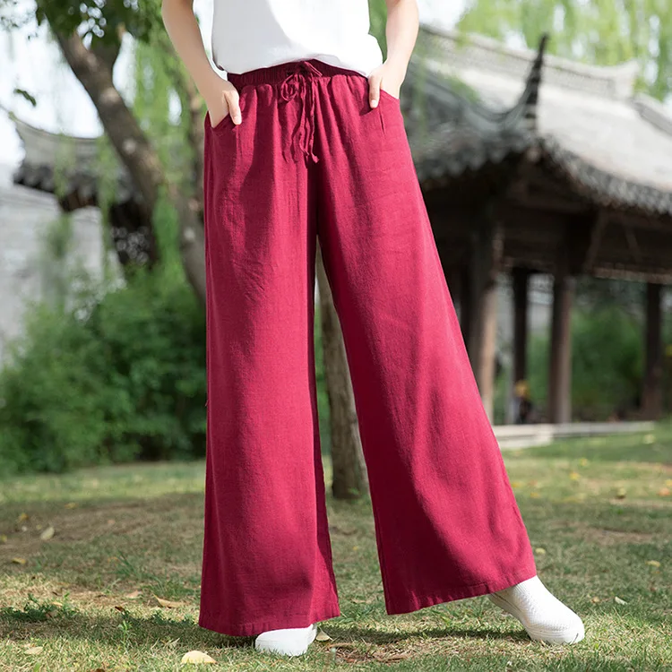 Nian Bai Xiu Fang: Oriental Zen Trousers - Lightly Washed Linen Wide-Leg Culottes