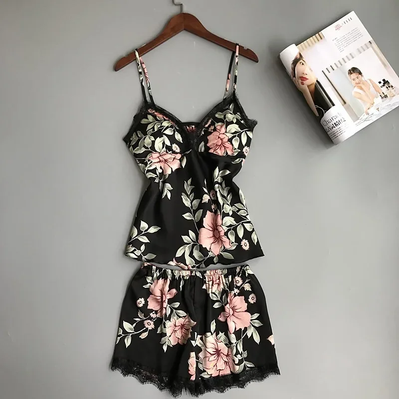 

2pcs/set Women Silk Satin Lace Robe Shorts Sleepwear Babydoll Nightdress Pajamas