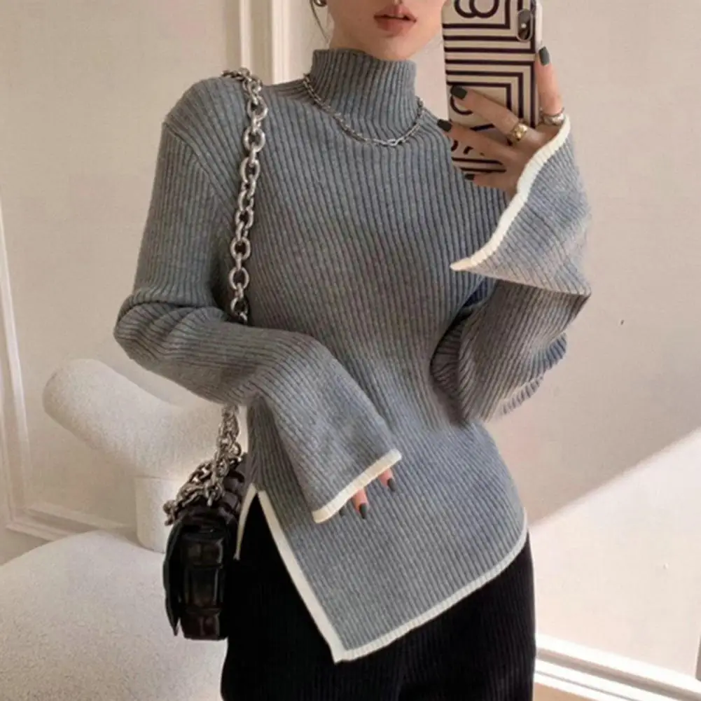 Женская водолазка, свитер и пуловер, зима 2025, новые вязаные свитера с боковыми разрезами, женские трикотажные изделия с длинными расклешенными рукавами