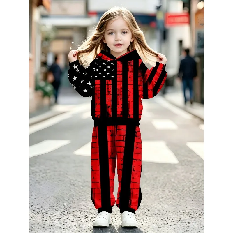 2-teiliger Jogginganzug mit Kapuze für Kleinkinder, Jungen und Mädchen, Spinnennetz-USA-Stern-Streifen-Print, lässiges Alltags-Outfit für Kinder – Detail 3