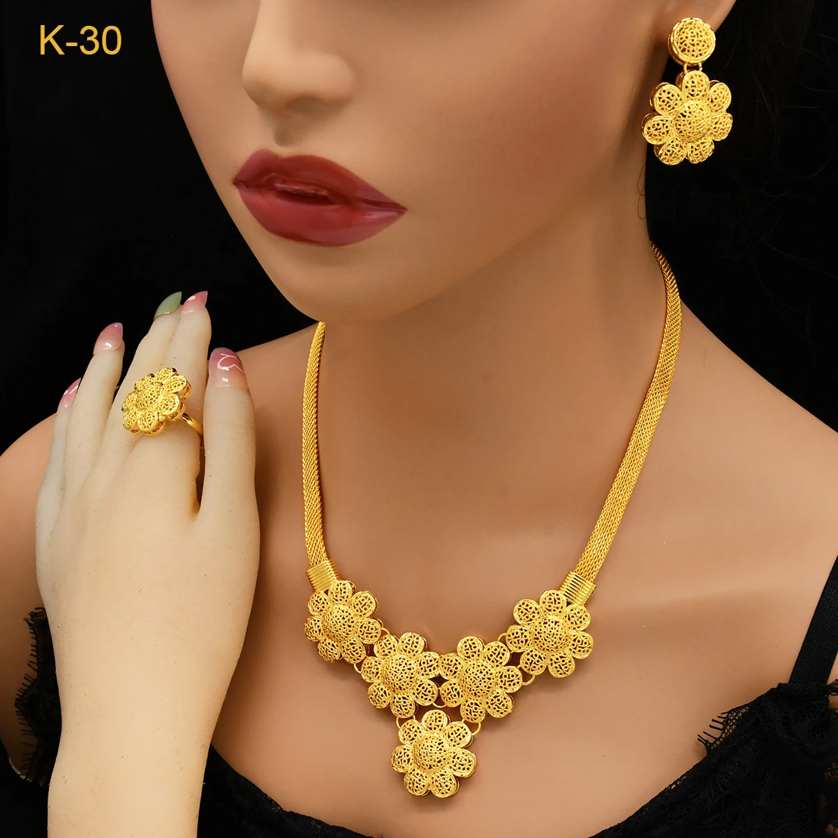 أطقم قلادة وأقراط على شكل زهرة بلون ذهبي للنساء ، طقم مجوهرات عربية ، هدايا حفلات زفاف إثيوبية ، دبي #3