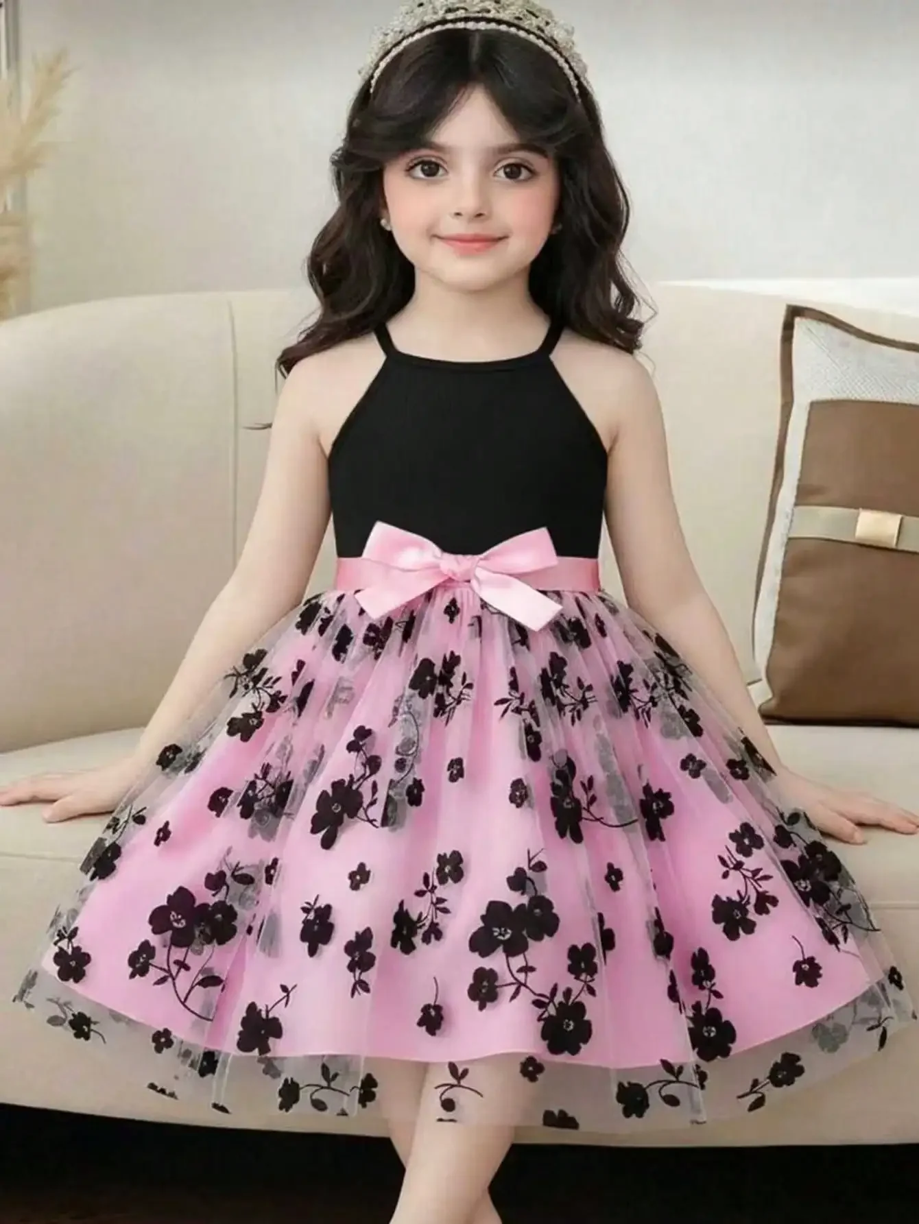 

4-7 Years Old Girls' Cami Dress, Suspender Top Spliced With Mesh Skirt, Flouncy Skirt, With Belt, Suitable For Summer Outing, Birthday Party, Performance, Daily Wear