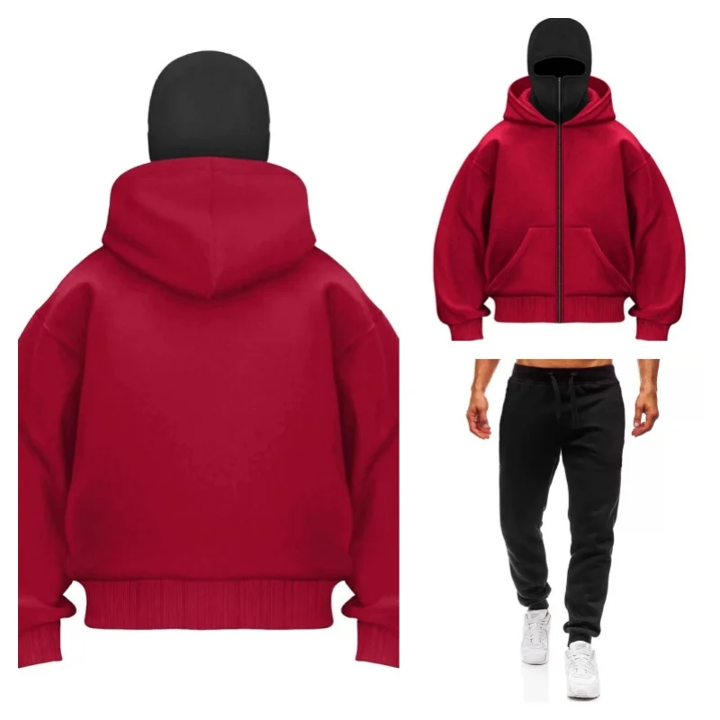 Gesichtsmaske Hoodie Doppelhut Reißverschluss Frühling Herbst Sportjacke Set Outdoor Wandern Reisen Laufen Sweatshirt Combo