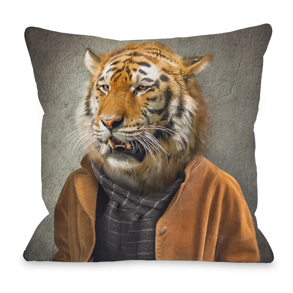 Sofa Decorative Cushion Pillow Coreless Nordic  Cat Dog Lion Tiger Bear Animal Portrait Print Pillowcase