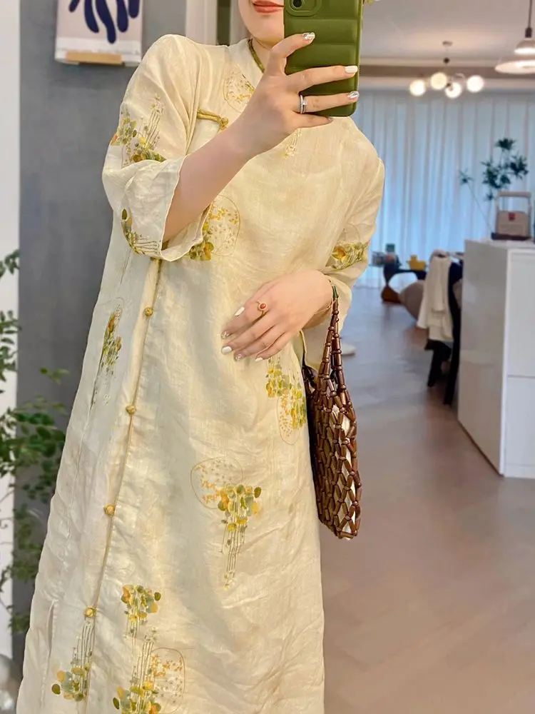 

2025 improved chinese style stand collar half sleeve cheongsam tea dress retro printed long loose style cotton linen qipao dress