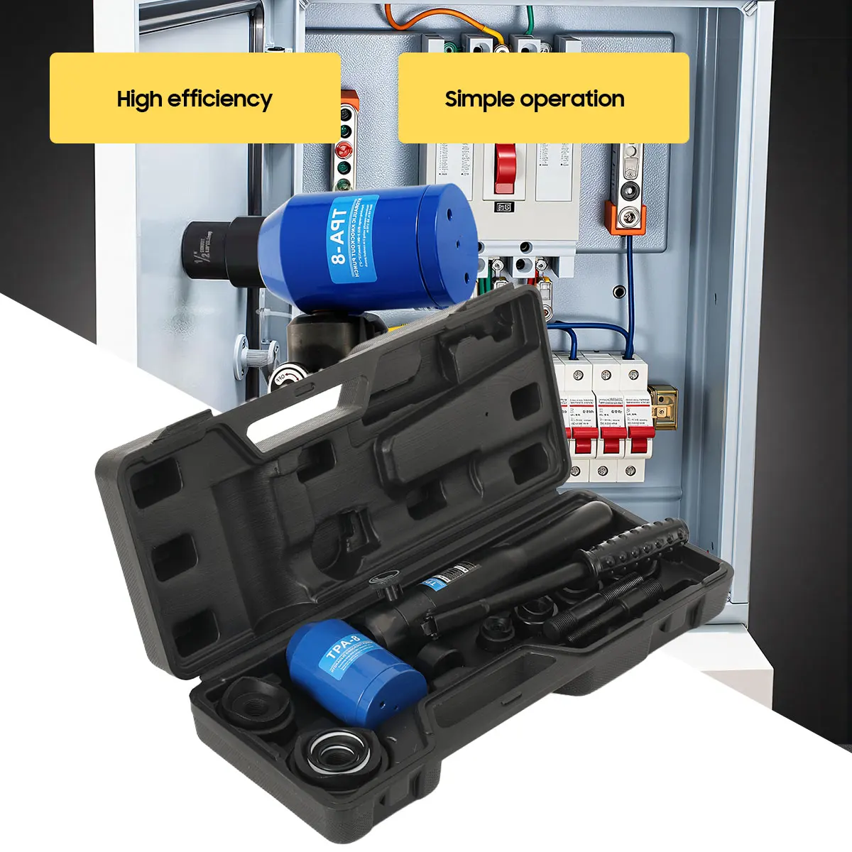 Set di punzoni idraulici TPA-8, punzonatrice idraulica manuale per lacerazione di lamiere in acciaio fino a 3,5 mm, corpo in acciaio al carbonio 10Ga con 6 punzoni, corsa 22 mm, custodia in plastica,