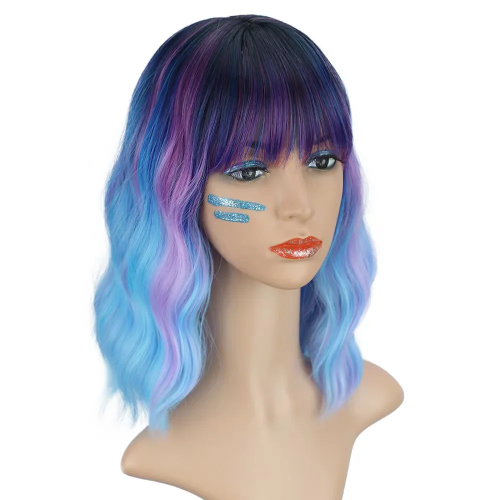 Synthetic wig holiday party cosplay water wavy blue and purple hair wigs for women