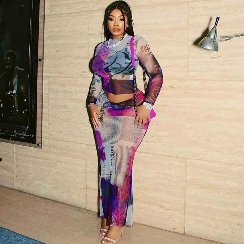 

See-through Mesh Outfit With A Round Neck, Printed Long-sleeve Crop Top And Bodycon Slim-fit Skirt, Two-piece Set For A Sexy And
