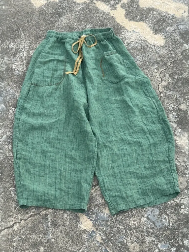 오리지널 디자인 스트라이프 컬러 우븐 린넨 밴딩 와이드 레그 캐주얼 여성 바지 루즈 슬리밍 스트레이트 레그 트라우저