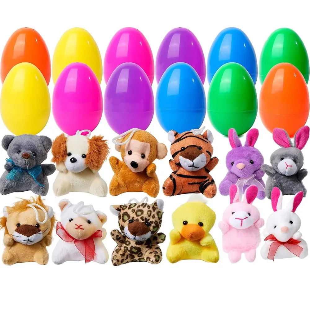 

12/24Pcs Mini Prefilled Easter Eggs Stuffed Easter Gifts Filled Easter Eggs with Plush Animal Toys Colorful Easter Surprise Eggs