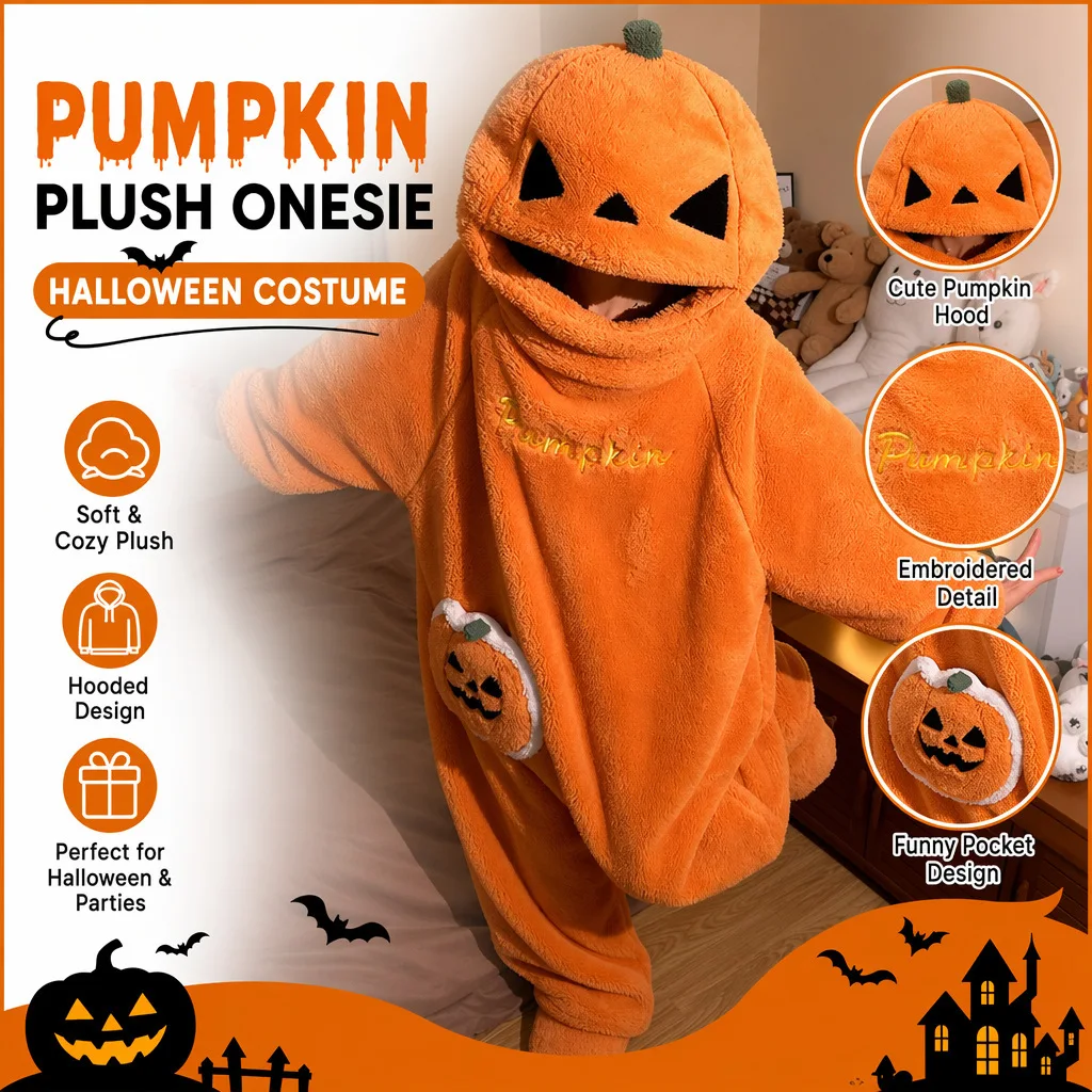 Halloween Pumpkin Hooded Onesie Pajamas, Soft Plush Fleece Thick Warm Winter One‑Piece Sleep Robe Cosplay Loungewear for Party