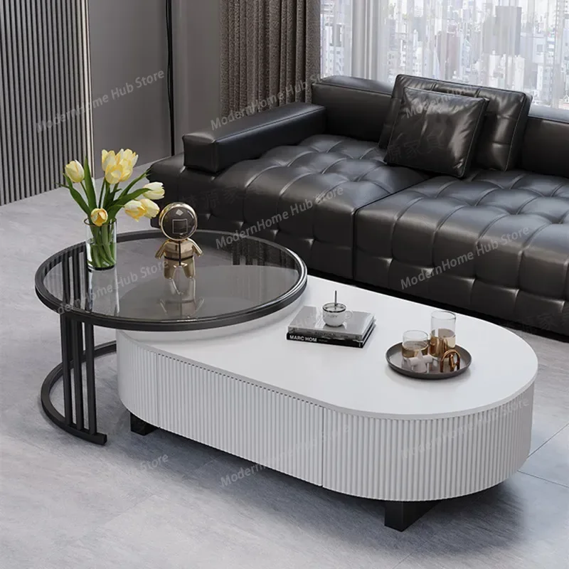 Oval Nesting Coffee Table Set Of 2 With Drawer Storage Modern Coffee Table With Marble Texture Top For Living Room Center Table