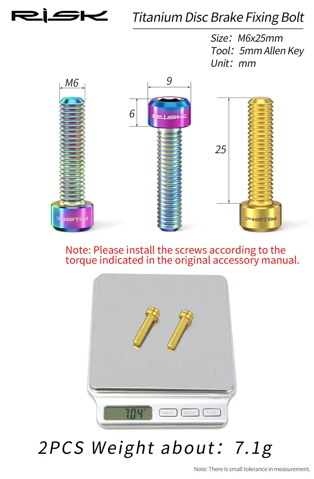 RISK 2pcs Mountain Bike M6x25mm Disc Brake Caliper Fixing Bolts Screws Extended Titanium Alloy for A-pillar Adapter Bicycle Part